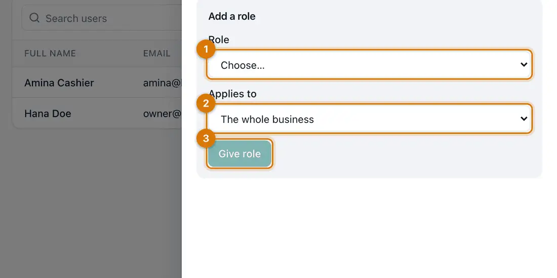 The Roles and access drawer with a Role list, an Applies to list and the Give role button