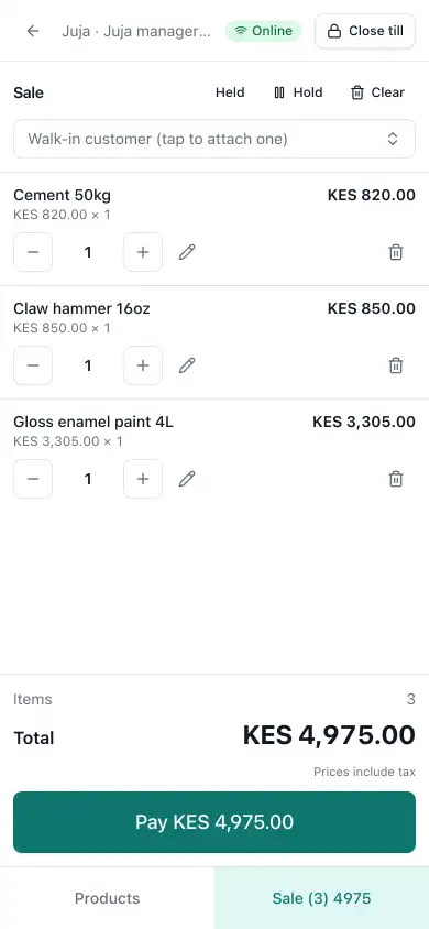 The Ziira till on a phone showing a sale of three items totalling KES 4,975 with a Pay button