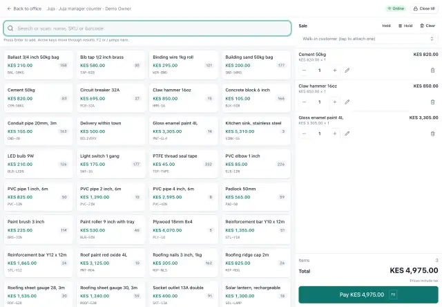 The Ziira point-of-sale terminal: a grid of products with price and stock on the left and a sale with three items totalling KES 4,975 and a Pay button on the right