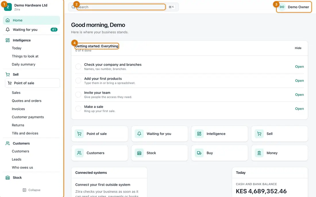 The Ziira home page with the left menu, a Getting started checklist and figures