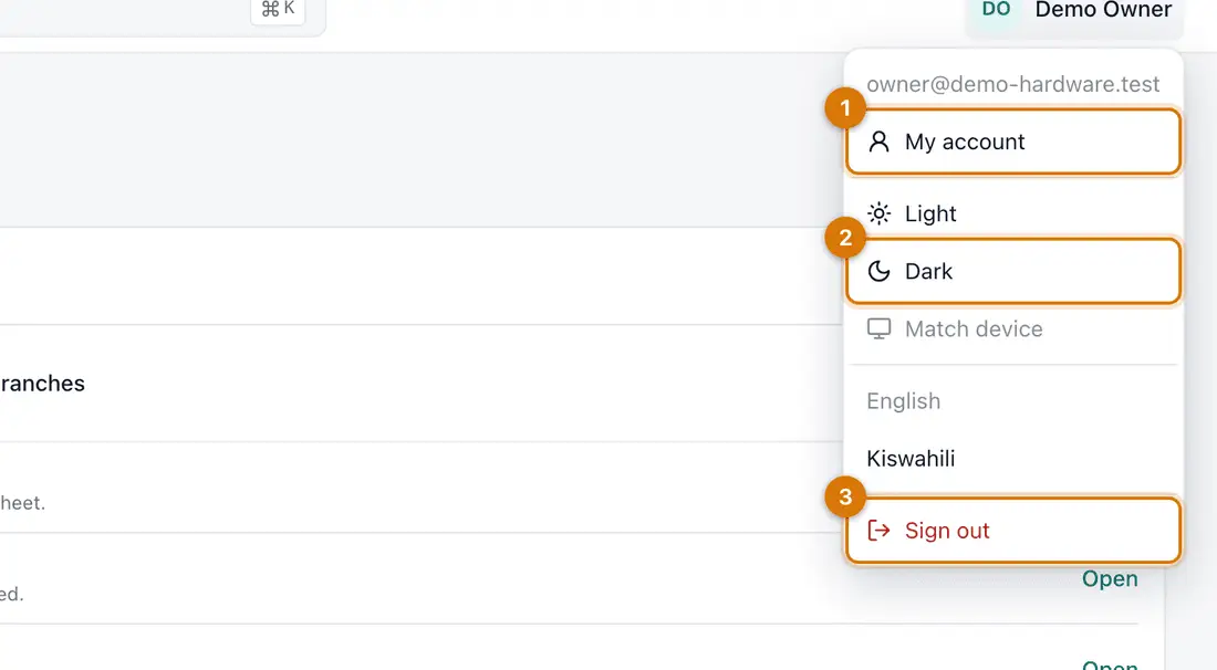 The account menu opened from the top right, with My account, theme choices, language choices and Sign out